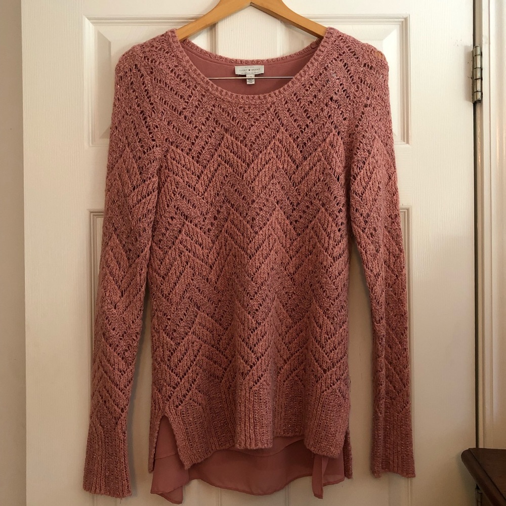 Lucky Brand, color pink, size L lined knit sweater, long sleeves falls below hip